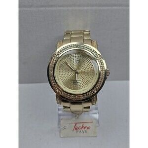 Techno Pave 7745 Gold Tone 49mm Iced Pave Dial Quartz Watch New Battery